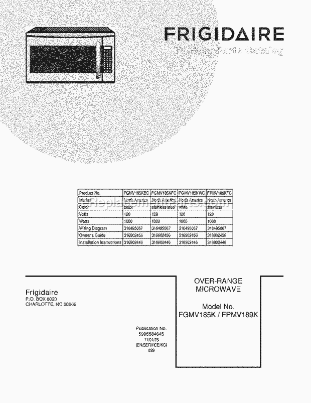 Frigidaire FGMV185KBC Microwave Page B Diagram
