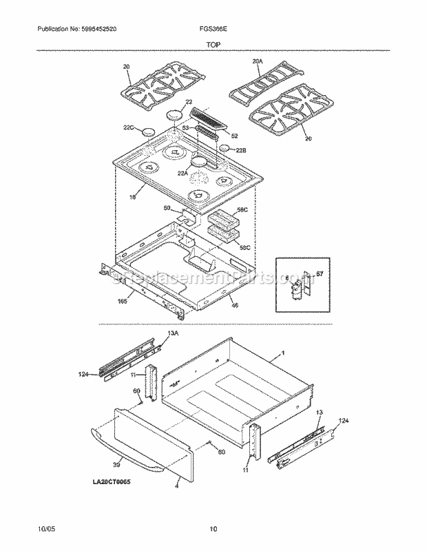 Frigidaire FGS366ECA Slide-In, Gas Gas Range Top / Drawer Diagram