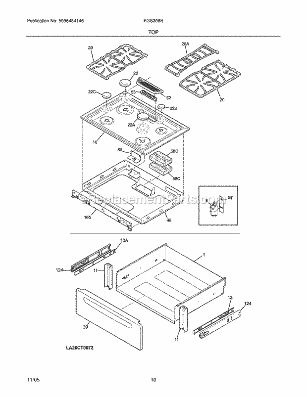 Frigidaire FGS366EQA Slide-In, Gas Gas Range Top / Drawer Diagram