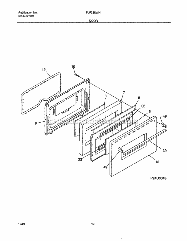 Frigidaire FLF316WHTC Freestanding, Gas Gas Range Door Diagram