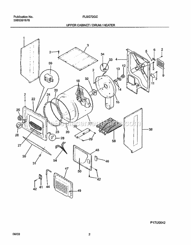 Frigidaire FLSG72GCSD Laundry Center Upper Cabinet / Drum / Heater Diagram