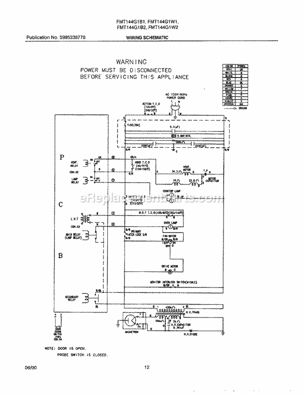 Frigidaire FMT144G1W2 Microwave Hood Combo Microwave Page G Diagram