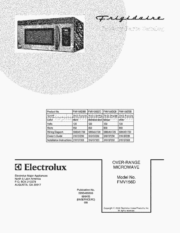 Frigidaire FMV156DBB Microwave Hood Combo Microwave/Hood Combo Page B Diagram