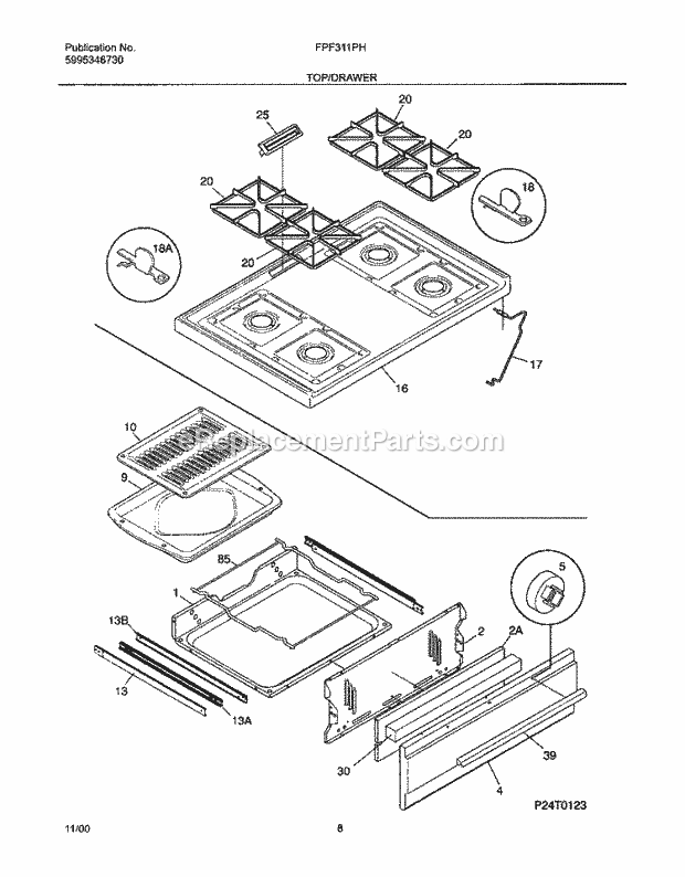 Frigidaire FPF311PHDB Freestanding, Gas Range Top / Drawer Diagram