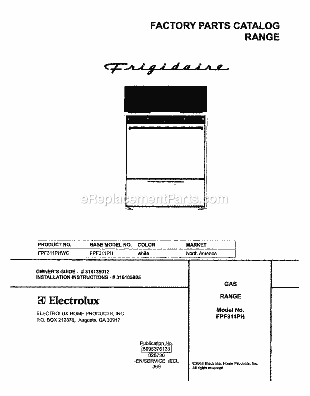 Frigidaire FPF311PHWC Freestanding, Gas Range Page D Diagram