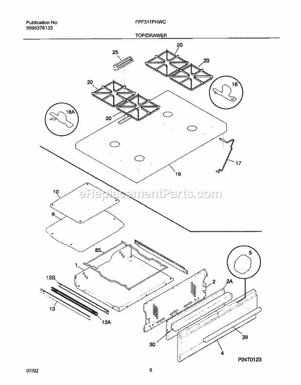 Frigidaire FPF311PHWC Freestanding, Gas Range Top / Drawer Diagram