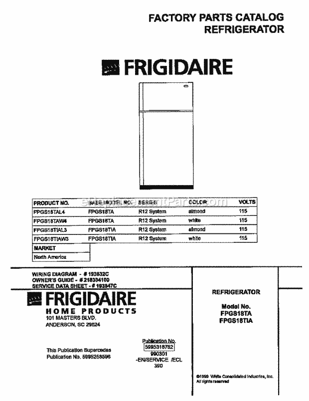 Frigidaire FPGS18TAW4 Top Freezer Frigidaire/Refrigerator Page B Diagram