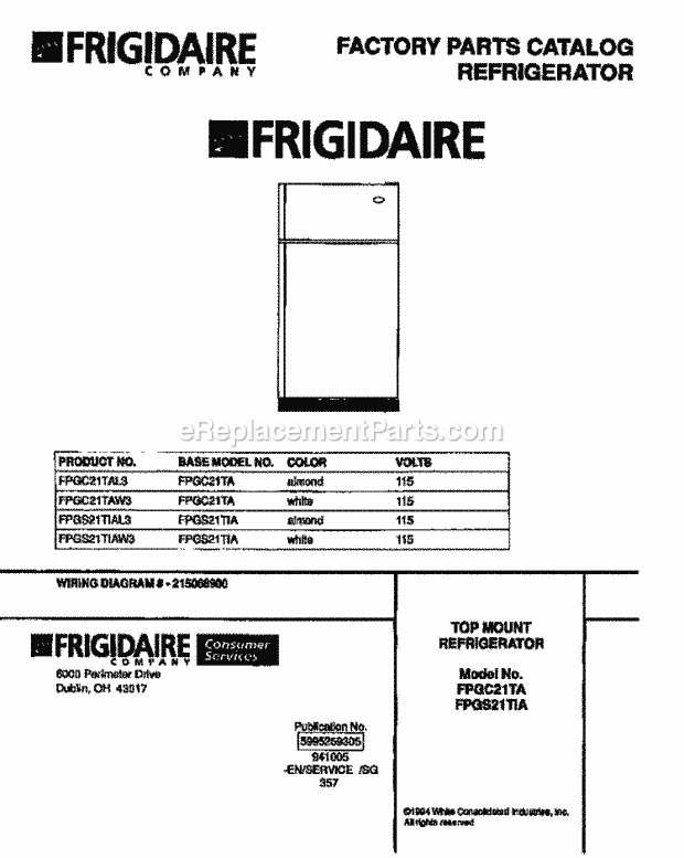 Frigidaire FPGS21TIAW3 Top Freezer Top Mount Refrigerator Page F Diagram
