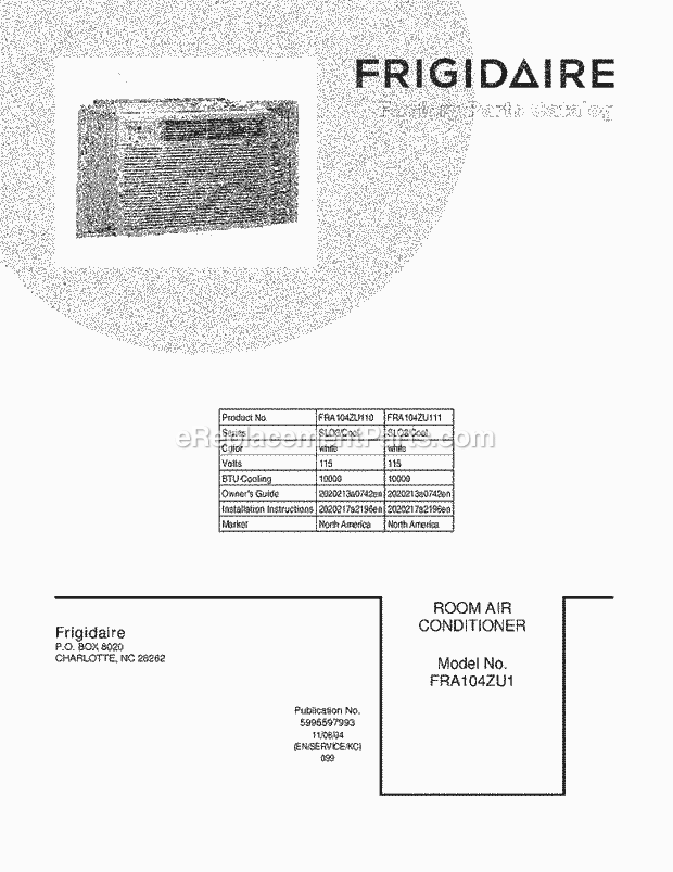 Frigidaire FRA104ZU110 Air Conditioner Page B Diagram