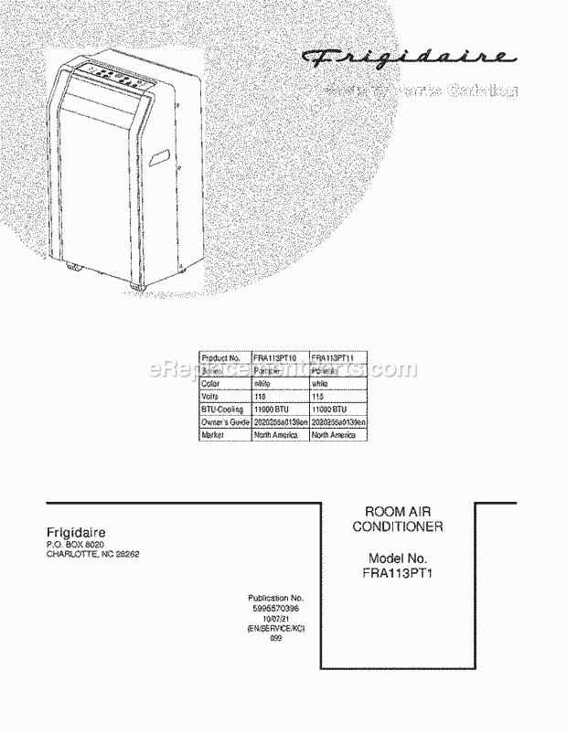 Frigidaire FRA113PT11 Air Conditioner Page B Diagram