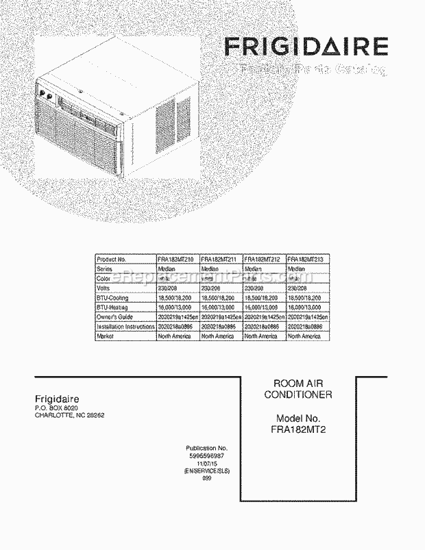 Frigidaire FRA182MT210 Room Air Conditioner Page B Diagram