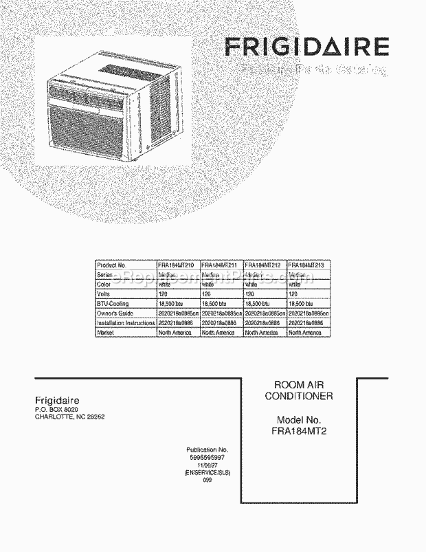 Frigidaire FRA184MT211 Room Air Conditioner Page B Diagram