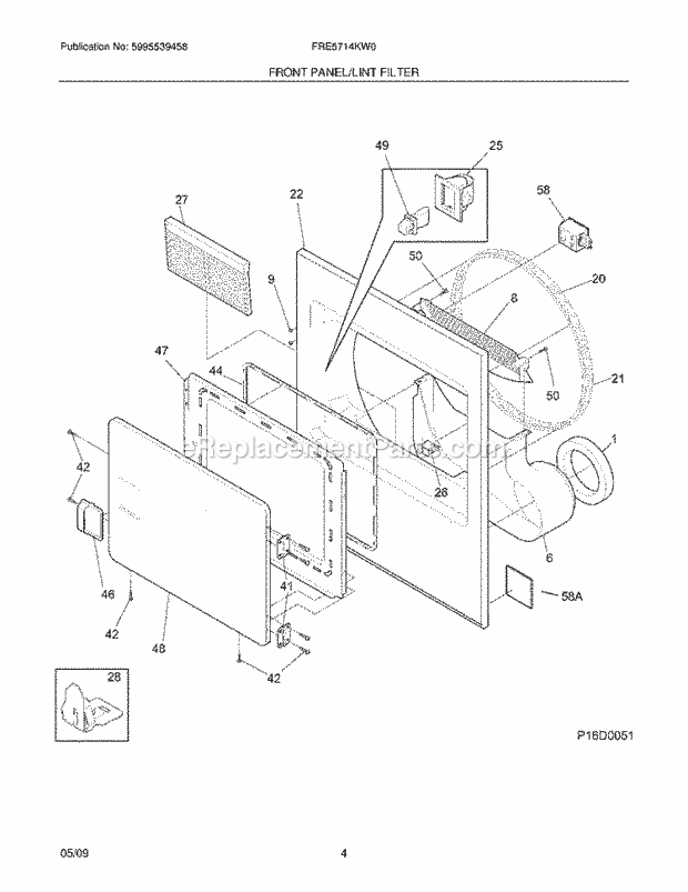 Frigidaire FRE5714KW0 Dryer Front Panel/Lint Filter Diagram