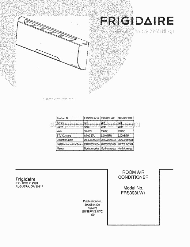 Frigidaire FRS093LW12 Air Conditioner Page B Diagram