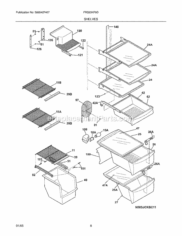 Frigidaire FRS23KF6DW4 Side-By-Side Refrigerator Shelves Diagram