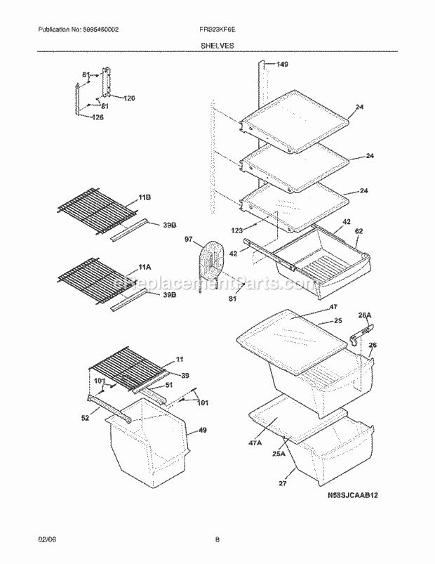 Frigidaire FRS23KF6EW0 Side-By-Side Refrigerator Shelves Diagram