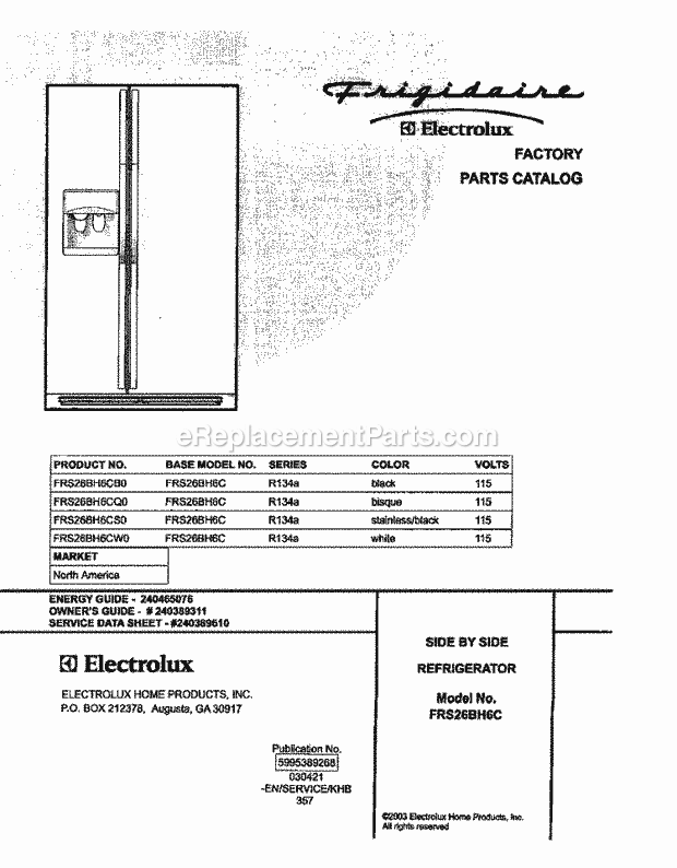 Frigidaire FRS26BH6CQ0 Side-By-Side Sxs Refrigerator Page C Diagram
