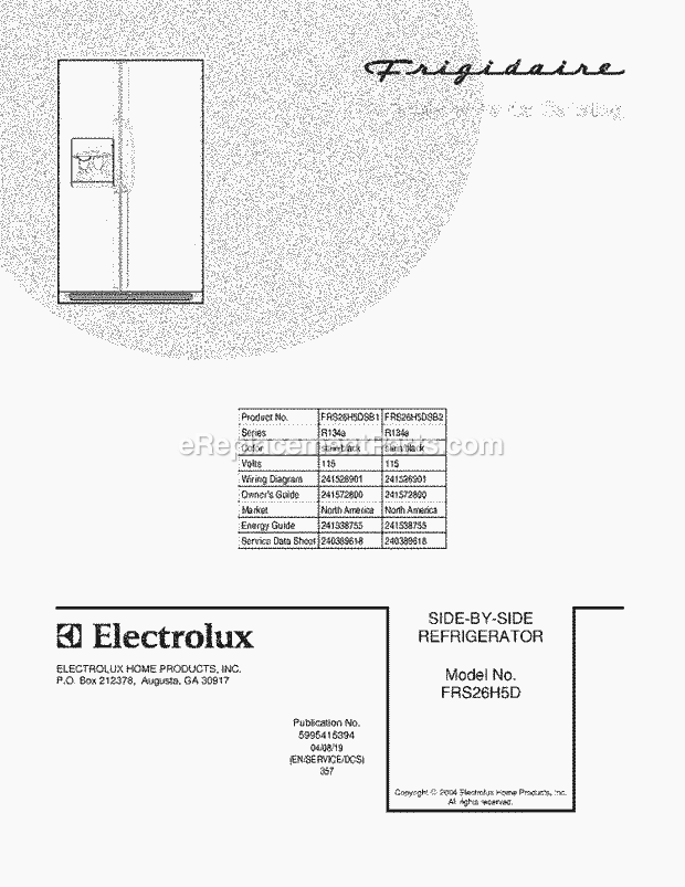 Frigidaire FRS26H5DSB1 Side-By-Side Refrigerator Page C Diagram