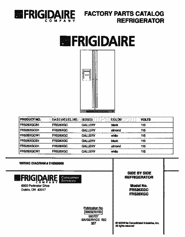 Frigidaire FRS26XGCW1 Side-By-Side Refrigerator Cover Diagram