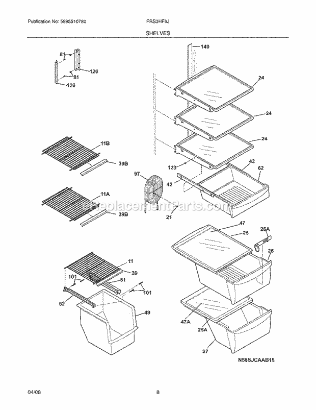 Frigidaire FRS3HF6JSB0 Side-By-Side Refrigerator Shelves Diagram