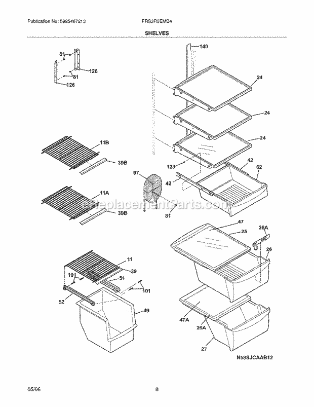 Frigidaire FRS3R5EMB4 Side-By-Side Refrigerator Shelves Diagram