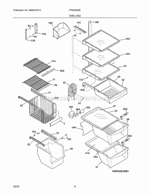 Frigidaire FRS6B5EEQ1 Side-By-Side Refrigerator Shelves Diagram