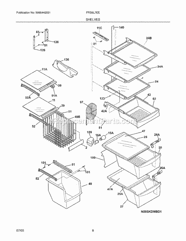 Frigidaire FRS6L7EES9 Side-By-Side Refrigerator Shelves Diagram