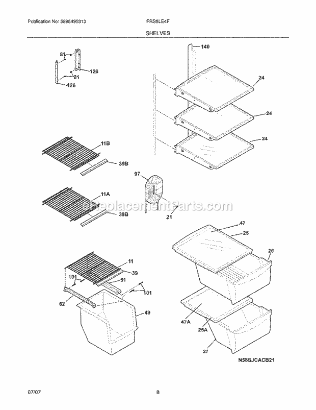 Frigidaire FRS6LE4FQ7 Side-By-Side Refrigerator Shelves Diagram