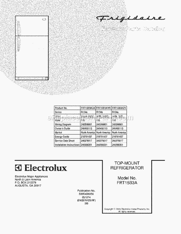 Frigidaire FRT15B3AZ9 Top Freezer Refrigerator Page B Diagram