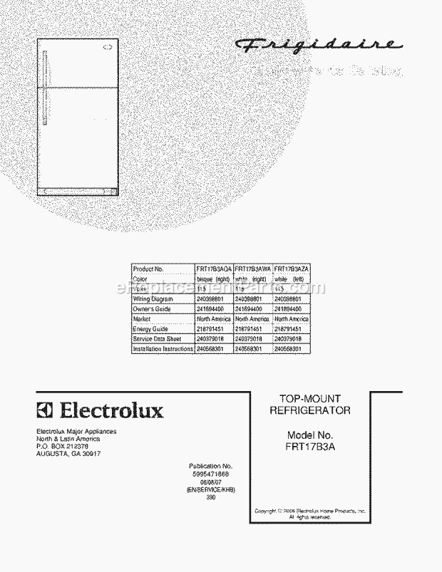 Frigidaire FRT17B3AWA Top Freezer Refrigerator Page B Diagram