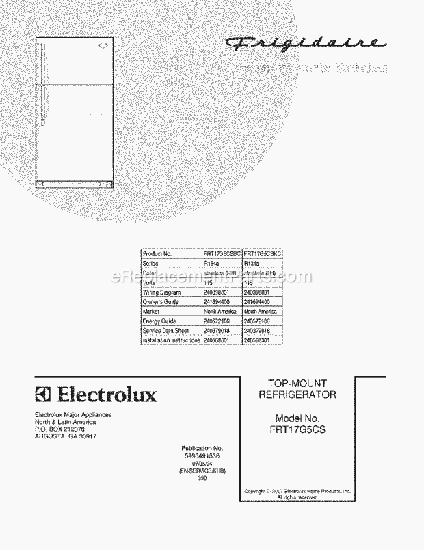 Frigidaire FRT17G5CSKC Top Freezer Refrigerator Page B Diagram