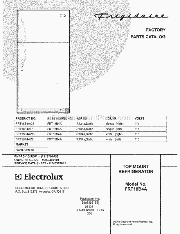 Frigidaire FRT18B4AZ8 Top Freezer Refrigerator Page B Diagram