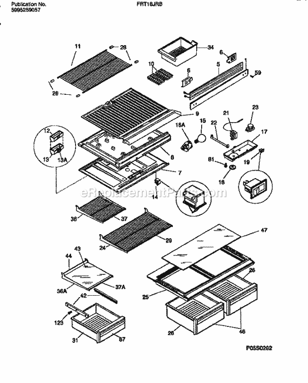 Frigidaire FRT18JRBW1 Top Freezer Top Mount Refrigerator Shelves, Controls, Divider, Mullion Diagram