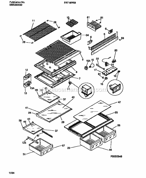 Frigidaire FRT18PRBW1 Top Freezer Top Mount Refrigerator Shelves, Controls, Divider, Mullion Diagram