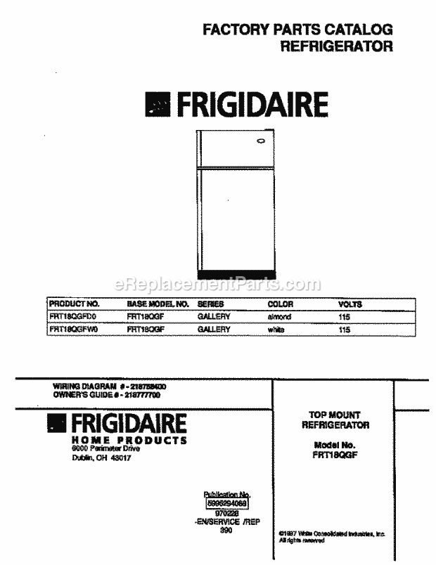 Frigidaire FRT18QGFW0 Top Freezer Frigidaire Top Mount Refrigerator Page B Diagram