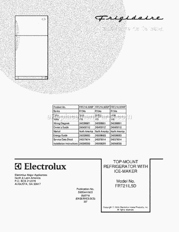 Frigidaire FRT21IL5DWP Top Freezer Refrigerator Page B Diagram