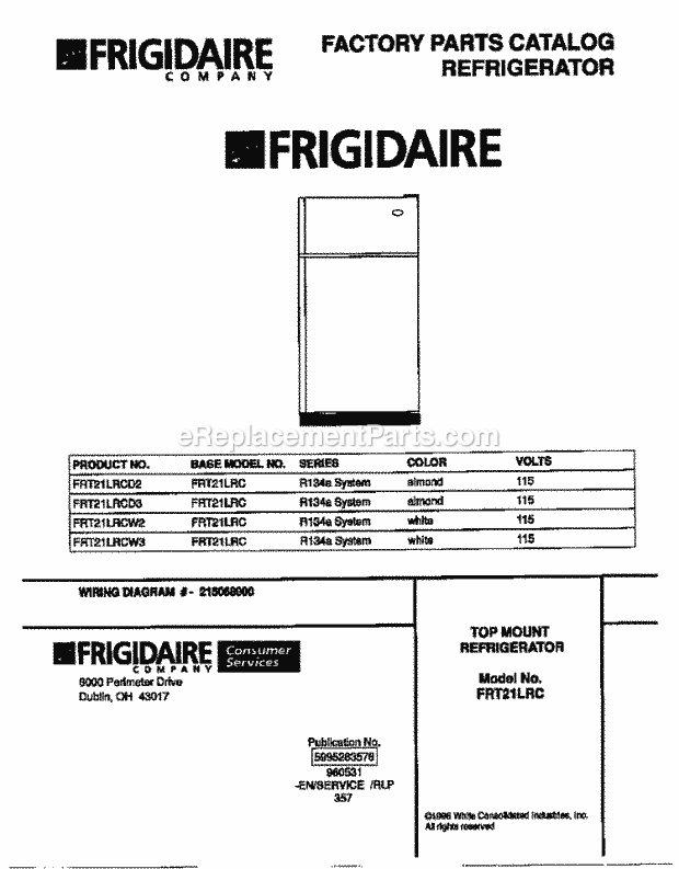Frigidaire FRT21LRCW2 Top Freezer Frigidaire Top Mount Refrigerator Page B Diagram