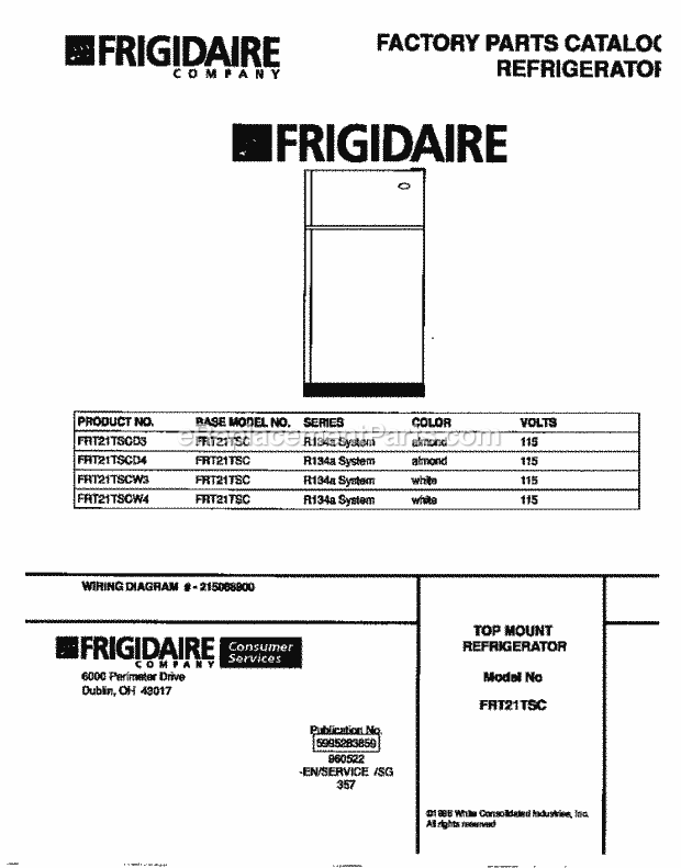 Frigidaire FRT21TSCW3 Top Freezer Frigidaire Top Mount Refrigerator Page B Diagram