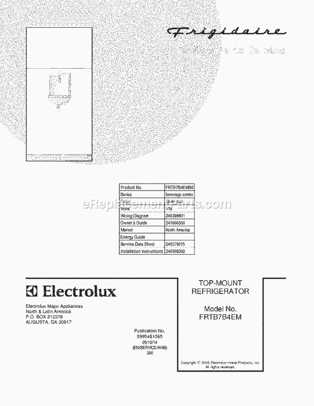 Frigidaire FRTB7B4EMB0 Top Freezer Refrigerator Page B Diagram