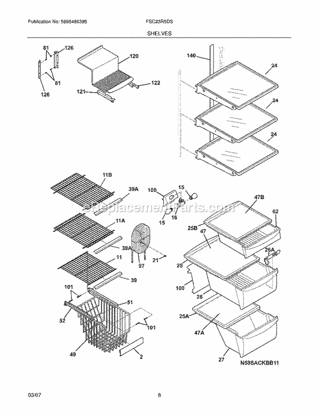 Frigidaire FSC23R5DWB Side-By-Side Refrigerator Shelves Diagram