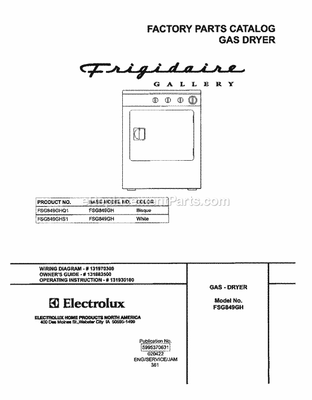 Frigidaire FSG849GHQ1 Residential Dryer Page G Diagram