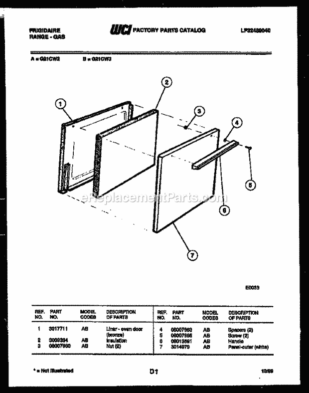 Frigidaire G21CW3 Freestanding, Gas Range Gas Door Parts Diagram