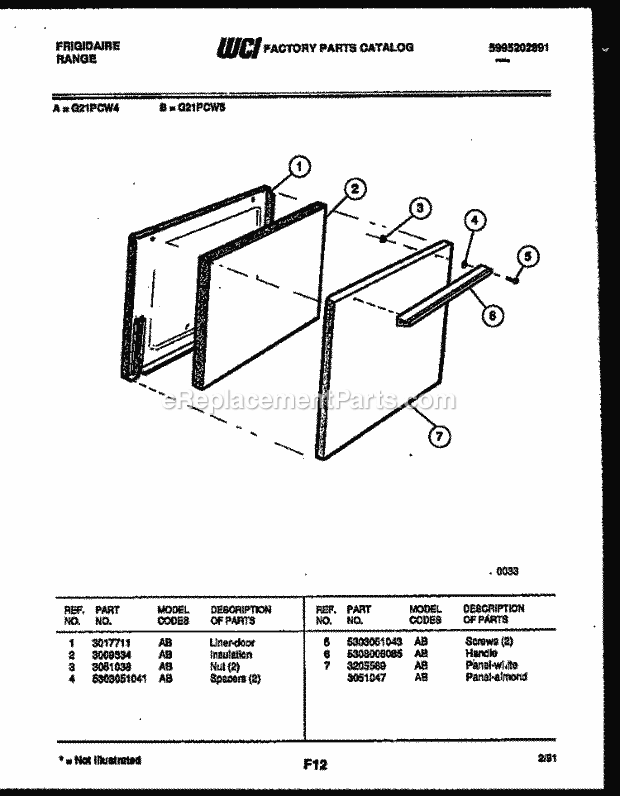 Frigidaire G21PCL5 Freestanding, Gas Range Gas Door Parts Diagram