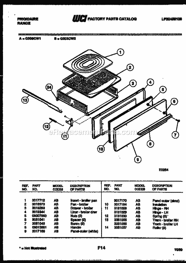 Frigidaire G30BCW1 Freestanding, Gas Range Gas Broiler Drawer Parts Diagram