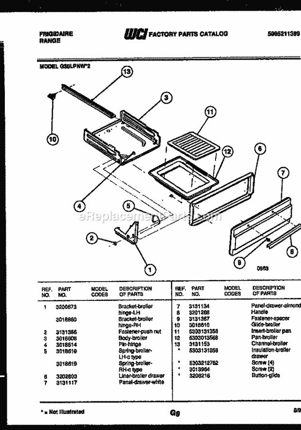Frigidaire G30LPNL2 Freestanding, Gas Range Gas Broiler Drawer Parts Diagram