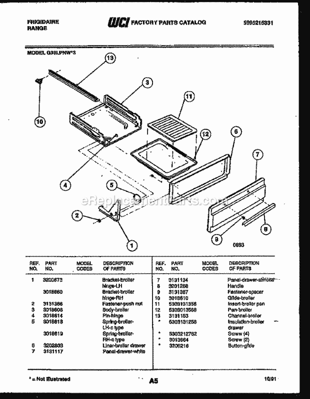 Frigidaire G30LPNL3 Freestanding, Gas Range Gas Broiler Drawer Parts Diagram
