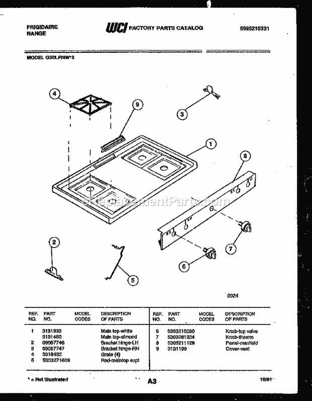 Frigidaire G30LPNL3 Freestanding, Gas Range Gas Cooktop Parts Diagram