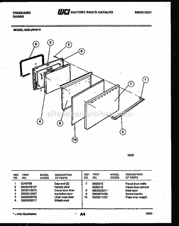 Frigidaire G30LPNL3 Freestanding, Gas Range Gas Door Parts Diagram