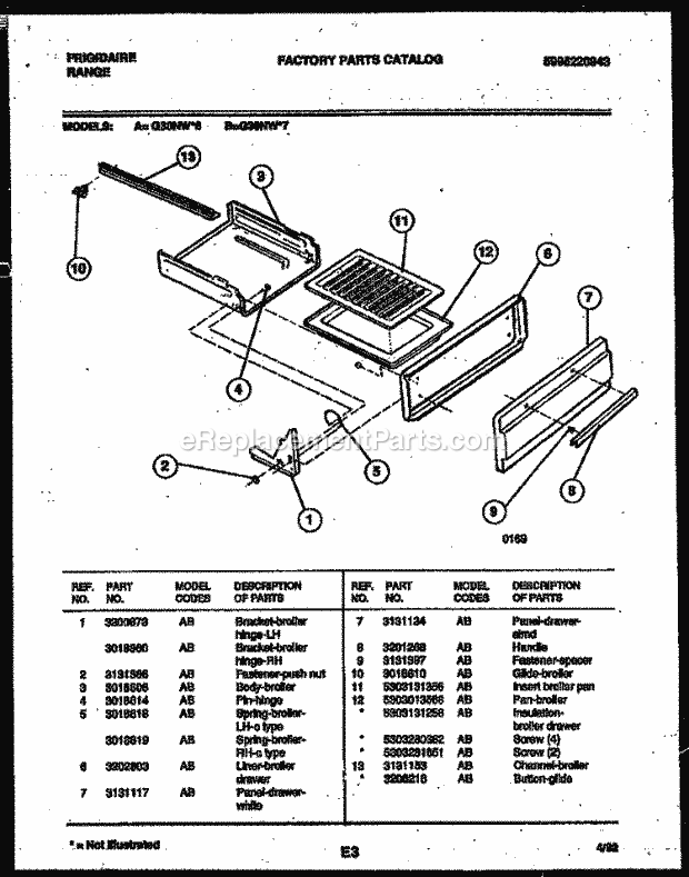Frigidaire G30NL6 Freestanding, Gas Range Gas Broiler Drawer Parts Diagram