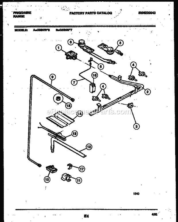 Frigidaire G30NL6 Freestanding, Gas Range Gas Burner, Manifold and Gas Control Diagram